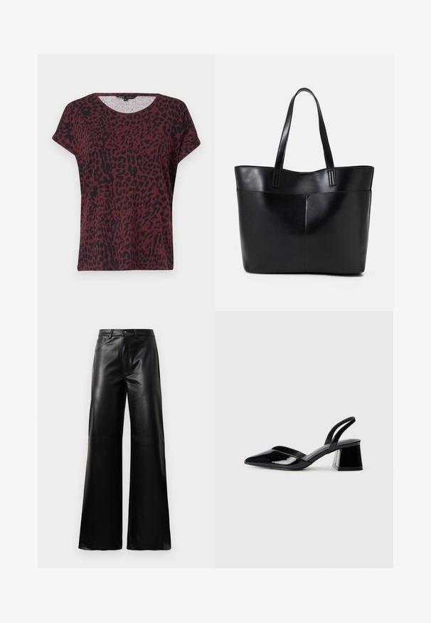Burgunder t-skjorte med svart leopardmønster, rund hals, korte ermer, avslappet passform, myk stofftekstur, minimale sømdetaljer.; Sorte høy midje vide ben bukser i imitert skinn med knapp foran, glidelås, beltehemper og sidelommer på hvit bakgrunn.; Svarte patentlær slingback hæler med spiss tå og geometrisk blokk hæl. Har et stilrent, minimalistisk design og jevn tekstur.; Svart lær toteveske med to lange håndtak, en glatt tekstur og en strukturert form. Har en frontlomme for ekstra oppbevaring.