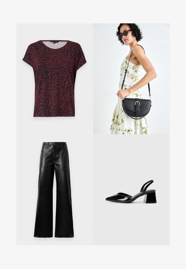 T-shirt bordeaux avec imprimé léopard noir, col rond, manches courtes, coupe décontractée, texture de tissu douce, détails de couture minimaux.; Pantalons larges en faux cuir noire taille haute avec bouton avant, fermeture éclair, passants de ceinture et poches latérales sur fond blanc.; Escarpins en cuir verni noir avec bout pointu et talon bloc géométrique. Présente un design élégant et minimaliste ainsi qu'une texture lisse.; Sac à main en cuir noir avec une forme courbée, bandoulière amovible et des accessoires en or. Le sac est doté d'un rabat avec un détail de boucle.
