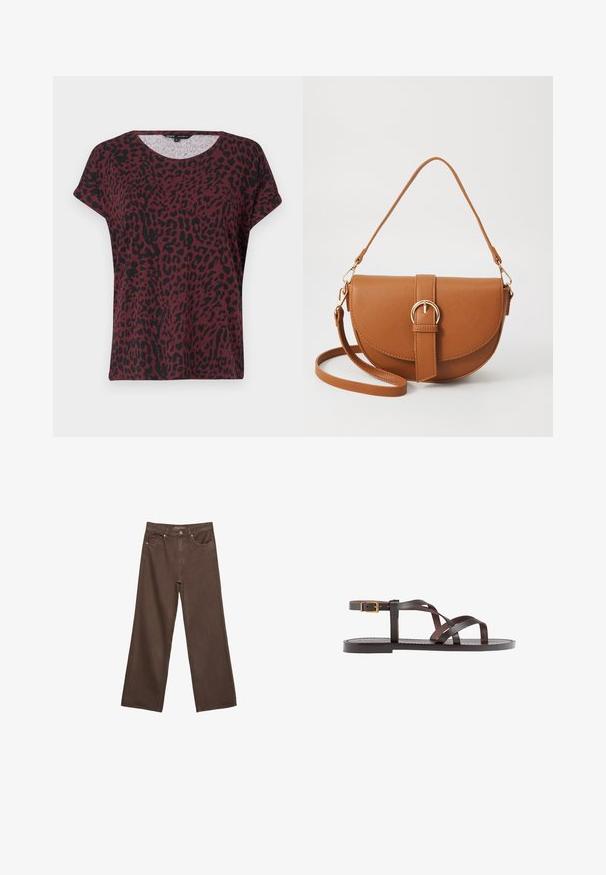 Burgundska majica s crnim leopardovim uzorkom, okrugli izrez, kratki rukavi, ležerni kroj, mekana tekstura tkanine, minimalne detalje šivanja.; Široke rjave kavbojke iz denima, ki imajo visok pas, sprednje žepe in klasično zapiranje na gumb. Gladka tekstura s subtilnim šivom.; Rjav usnjen sandal z načinom prečnega črta, zaklepom okoli gležnja in ravnim podplatom z minimalnimi šivi.; Rjava usnjena torbica prek telesa s ukrivljeno obliko, zlate opreme in sponko. Ima odstranljiv naramni trak.