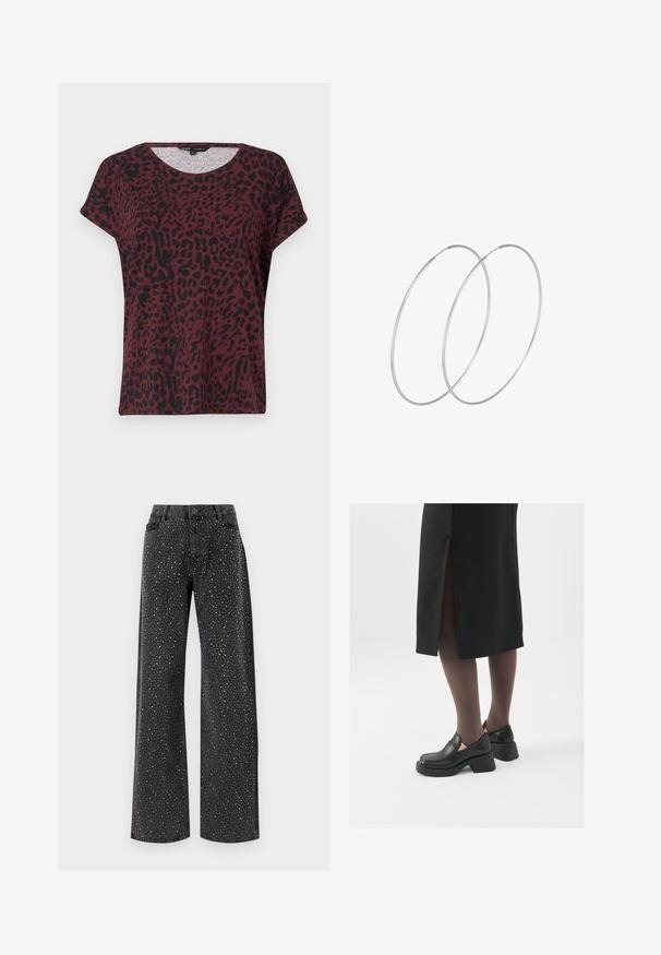 Burgunderfarvet t-shirt med sort leopardprint, rund halsudskæring, korte ærmer, afslappet pasform, blød stofstruktur, minimale syninger.; Noisy May NMJANNEL LOOSE - Jeans Relaxed Fit - black denim; Sorte lædersko med rund tå, kraftig blokhæl og elastiske sideaccentuer, parret med mørke strømpebukser og en sort nederdel med slids.; Sølvøreringe med et minimalistisk design. Cirkulær form, glat tekstur og tynd profil. Letvægtige med en poleret overflade.