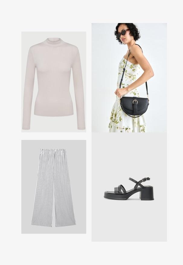 Gai bēšs garām piedurknēm tērps ar augstu apkakli, izgatavots no mīksta, elastīga materiāla. Pieguļošs dizains ar ribotu faktūru un standarta aproci.; Platās bikses, izgatavotas no viegla auduma, ar vertikālām melnām un baltām svītrām, kam ir elastīga jostasvieta komfortam.; Melnas augstpapēžu sandales ar vairākiem šauriem siksniņām un apaļu purngalu. Papēdis ir kvadrātveida ar gludu tekstūru. Regulējama sprādzes aizdare.; Melnas ādas rokassoma ar izliekta formu, noņemamu siksnu un zelta aksesuāriem. Somai ir vāciņš ar sprādzes detaļu.