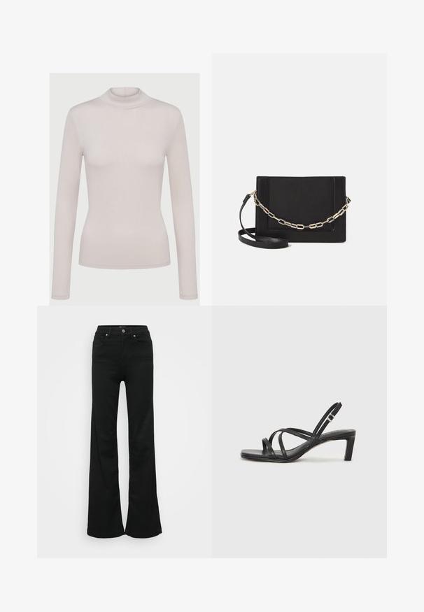 Svetlo béžový dlhý rukáv rolák vyrobený z mäkkého, elastického materiálu. Úzky strih s rebrovanou textúrou a štandardnými manžetami.; Čierne rozšírené džínsy vyrobené z denimu, s vysokým pásom, piatimi vreckami a kovovým zapínaním. Hladká textúra s minimálnym zdobením.; Čierne sandále na vysokom podpätku so štvorcovou špičkou a nízkym blokovým podpätkom. Obsahujú viacero tenkých popruhov a nastaviteľný členkový popruh. Vyrobené z hladkej kože.; Čierna kožená crossbody taška s hladkou textúrou, obdĺžnikovým tvarom a kovovým reťazovým detailom na prednej strane. Súčasťou je nastaviteľný popruh.