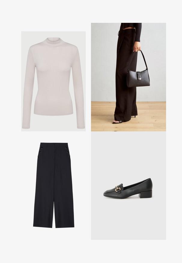 Lys beige langærmet turtleneck-top lavet af et blødt, strækbart materiale. Tætsiddende design med ribbet tekstur og standardmanchetter.; Bredde bukser i mørkeblå stof med en glat tekstur, frontplisseringer og dekorative guldfarvede øjenlåg ved sidelommerne.; Sorte læder loafers med flad hæl, der har en dekorativ guldhardwaredetalje foran og en glat overflade.; Sort håndtaske med struktureret form, glat overflade og metalspænde. Sammen med brede sorte bukser og sandaler med åben tå på trægulv.