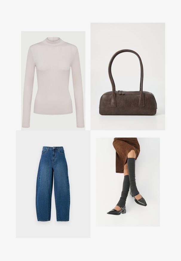Svijetlosmeđi dugi rukav turtleneck majica izrađena od mekane, rastezljive tkanine. Prilagođeni dizajn s reljefnom teksturom i standardnim manžetama.; Traperice u srednjem plavom pranju, s visokim strukom, širokim nogavicama i standardnim dizajnom s pet džepova, s vidljivim detaljima šivanja.; Crne lakirane cipele s šiljastim prstima, blok-petom i remenom oko gležnja, uparene s sivim rebrastim čarapama do koljena i smešnom suknjom od antilopa.; Smeđa kožna torba s dvije čvrste ručke, pravokutnog oblika, glatke teksture i zatvaranjem na zatvarač. Minimalistički dizajn bez vidljivih uzoraka.