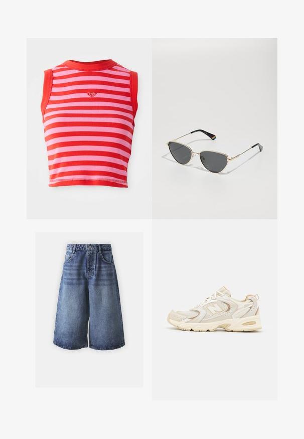 Rød og rosa stripete kort topp med et ribbestrikket tekstur, med rund hals og et lite brodert hjerte i midten.; Denimshorts i lys til mørk blå gradient med en klassisk femlommers design, ferdig med knappestolpe og vide ben.; Beige idrettssko med mesh og syntetiske dekninger, med en teksturert overflate, polstret krage og "ABZORB" demping i hælen.; Solf rammende solbriller i gullfarge med mørke linser, katteøyeform, og svarte tempelarmer med en regnbueakzent på den ene siden.