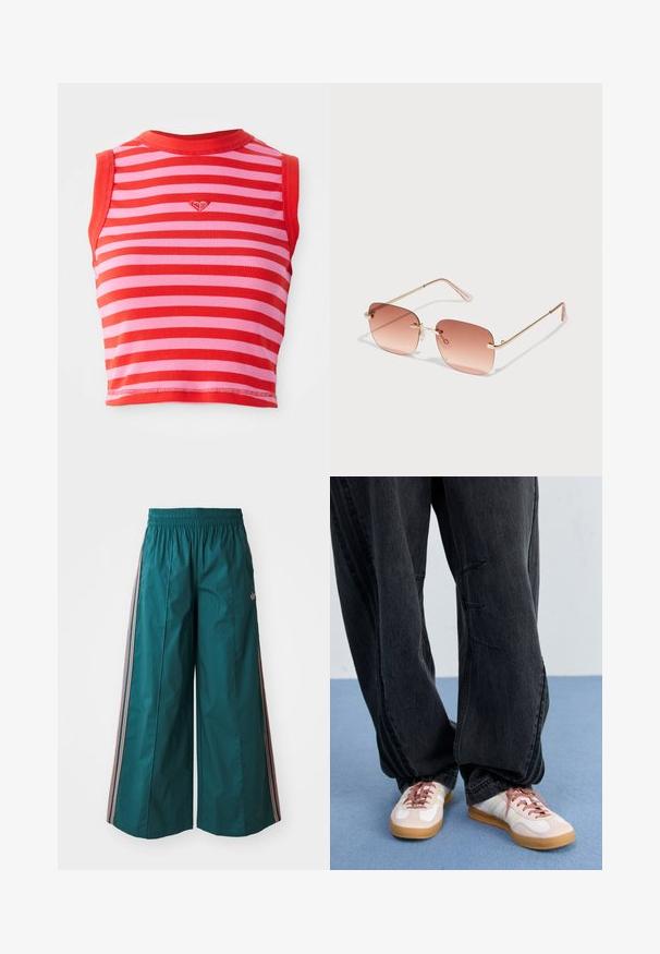 Punane ja roosa triibuline lühiülikond ribakudumise tekstuuriga, ümarate kaelustega ja keskosas väikese hõbematiga südame detailiga.; Sinine laiad pükse elastse vöökoha ja roosa-valgete triipudega külgedel, valmistatud kergest kangast.; Must have musta teksased, millel on ees õmblustead, kombineeritud valgete ja roosade tossudega, millel on kummist tald ja roosad paelad.; Ruuterikujulised prillid gradient roosade läätsedega, kuldne metallraam ja roosad tempid. Omab väikeseid ninasilti ja peent hingedetaili.