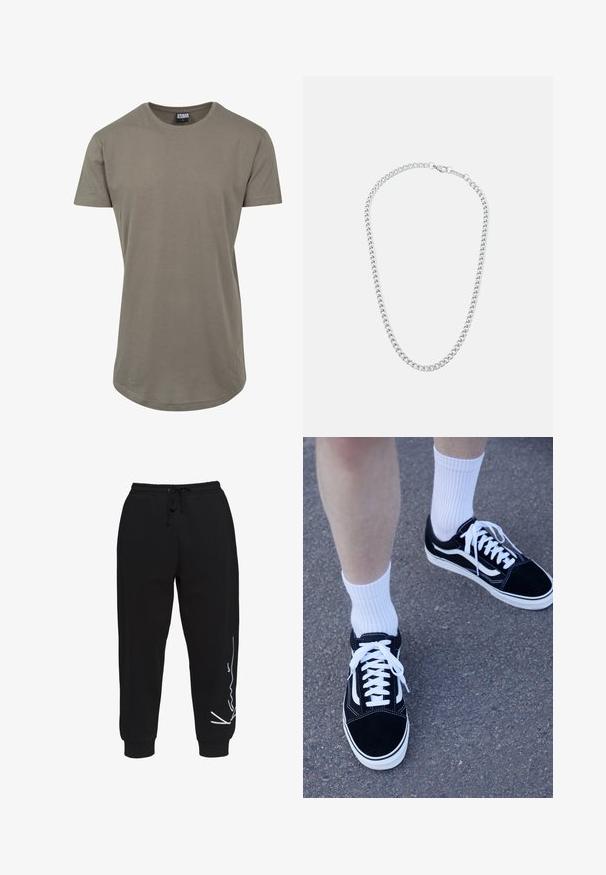 Olive zöld, puha pamutból készült póló, lekerekített nyakkivágással és rövid ujjakkal, hosszabb, ívelt aljjal a laza illeszkedés érdekében.; Fekete pamut melegítőnadrág, rugalmas derékkal és zsinórral, tapered lábakkal, és egy fehér logóval a bal oldalon.; Fekete velúr sportcipők fehér díszítéssel és fűzőkkel, fehér bordázott crew zoknikkal párosítva, egy textúrált szürke felületen elhelyezve.; Ezüst színű fém lánc nyaklánc, amely összekapcsolt gyűrűkből áll, biztonságos kapoccsal, sima felülettel, egyenletes kidolgozással és klasszikus dizájnnal.