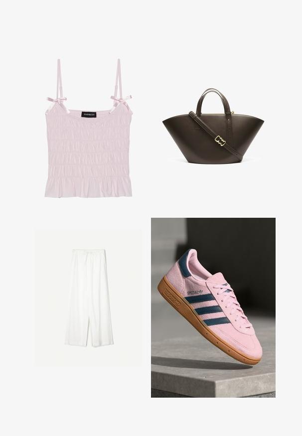 Vaaleanpunaista sävyä oleva toppi, jossa on säädettävät satiinivedokset ja ryppyinen pinta. Toppissa on röyhelöhelma ja brändilogo keskellä.; Valkoiset leveät housut, joissa on nauhavyötärö, esiteltyinä yksinkertaista taustaa vasten, korostaen niiden rentoa tyyliä ja kankaan rakennetta.; Vaaleanpunainen mokkanahkainen lenkkarit tummansinisin kolmella raidalla, kumipohjalla ja vaaleanpunaisilla nauhoilla. Sivussa on "SPEZIAL"-brändäys.; Ruskea nahkainen olkalaukku, jossa on ainutlaatuinen kulmikas muoto. Varustettu kaksilla kahvoilla ja irrotettavalla olkahihnalla, korostettuna kultaisilla yksityiskohdilla.