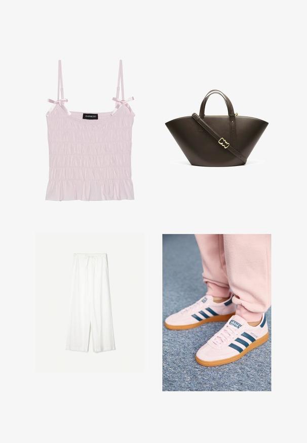Top in raso rosa chiaro con spalline regolabili e texture smock, caratterizzato da un orlo arricciato e un'etichetta del marchio al centro.; Pantaloni bianchi a gamba larga con cintura regolabile, mostrati su uno sfondo neutro, che enfatizzano il loro stile rilassato e la trama del tessuto.; Sneaker in suede rosa chiaro con strisce in pelle blu scuro e suola in gomma. Le caratteristiche includono lacci piatti e branding sul lato e sulla linguetta.; Borsa tote in pelle marrone con una forma angolare unica. Presenta doppie maniglie e una tracolla rimovibile, accentuata con dettagli in metallo dorato.