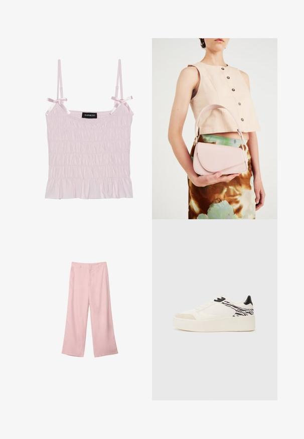 Vaaleanpunaista sävyä oleva toppi, jossa on säädettävät satiinivedokset ja ryppyinen pinta. Toppissa on röyhelöhelma ja brändilogo keskellä.; Vaaleanpunaiset leveälahkeiset housut, jotka on valmistettu sileästä kankaasta. Niissä on muotoiltu vyötärö ja suoraviivaiset, virtaavat lahkeet ilman näkyviä kuvioita tai varusteita.; Even&Odd Matalavartiset tennarit - white/black; Vaaleanpunainen nahkakäsilaukku, jossa on kaareva läppä, yksittäinen olkahihna ja puhtaat linjat. Laukussa on sileä pinta ja minimalistinen muotoilu.