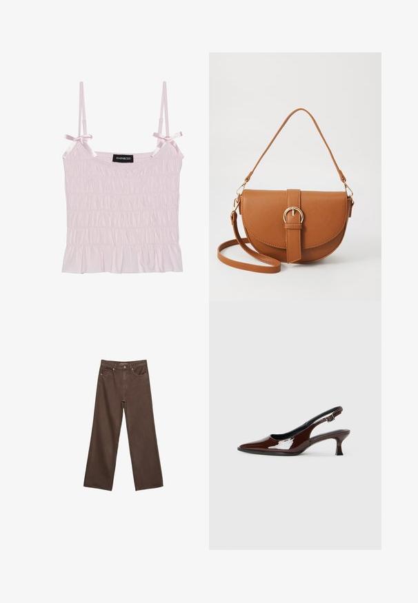 Světle růžový top na ramínka s nastavitelnými saténovými popruhy a nařasenou strukturou, s volánovým lemem a značkovou štítkem uprostřed.; Hnědé džíny s širokými nohavicemi vyrobené z denimu, s vysokým pasem, předními kapsami a klasickým zapínáním na knoflík. Hladká textura s jemným švem.; Hnědé lakované kožené slingback boty s špičatou špičkou a mírným podpatkem. Disponují přezkou pro bezpečné upevnění. Hladký povrch.; Hnědá kožená křížová taška s zakřiveným tvarem, zlatými detaily a akcentem s přezkou. Obsahuje odnímatelný popruh na rameno.