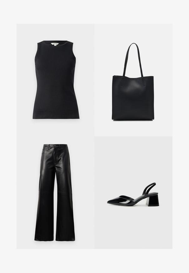 Black sleeveless top made of ribbed fabric, featuring a round neckline and a fitted shape, with a smooth texture and clean hemline.; Black high-waist wide-leg faux leather pants with front button, zip closure, belt loops, and side pockets on white background.; Black patent leather slingback heels with a pointed toe and a geometric block heel. Features a sleek, minimal design and smooth texture.; Black leather tote bag with smooth texture, rectangular shape, and two long handles. No visible hardware or embellishments.