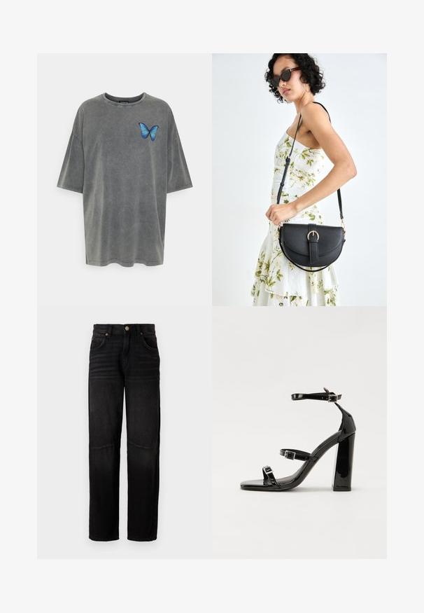Siva oversized majica od pamuka s kratkim rukavima. Ima plavi tiskani uzorak leptira na lijevoj strani prsnog koša. Mekana, izblijedjela tekstura.; Crne traperice od denima s ravnim krojem, stilizirane s pet džepova, kopčanjem na dugme i suptilnim izblijedjelim detaljima na bedrima i koljenima.; Crne lakirane sandale na visoku petu s dva remena s kopčama, kvadratnim vrhom i masivnom blok petom, s glatkom, sjajnom teksturom.; Crna kožna torba s lukovitim oblikom, odvojivim remenom i zlatnim detaljima. Torba ima preklop s kopčom.