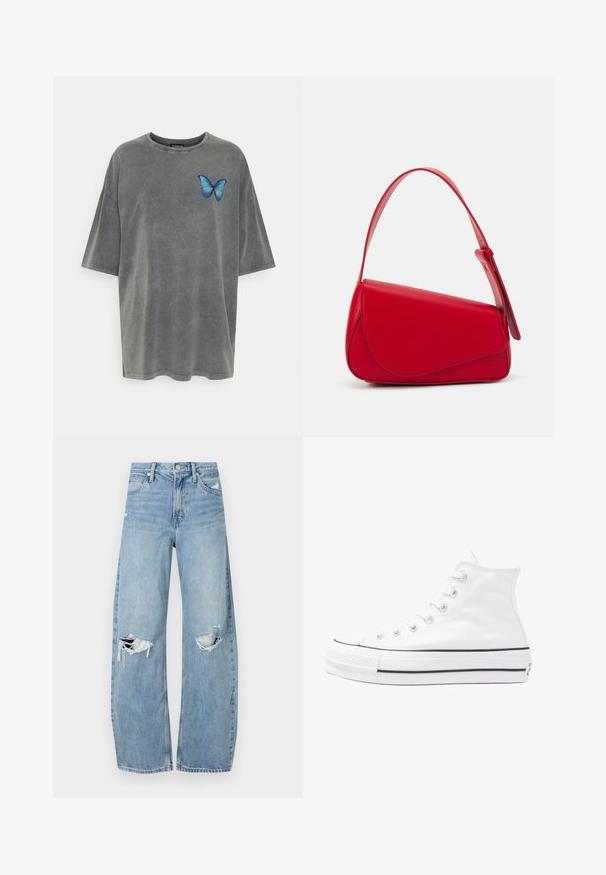 Grijze oversized t-shirt van katoen met korte mouwen. Heeft een blauwe vlinderprint op de linkerborst. Zachte, vervaagde textuur.; Lichtblauwe, hooggeritste jeans van denim. Beschikken over wijde pijpen, twee gescheurde knievalken en klassieke vijfzakken styling.; Witte high-top canvas sneakers met een zwarte rubberen zool, een rubberen neuskap aan de voorkant en zes gaatjes voor veters, met een schone, minimalistische uitstraling.; Rode leren handtas met een hoekig, geometrisch ontwerp. Beschikt over een enkele verstelbare schouderriem en een klepclosure met gestikte details.