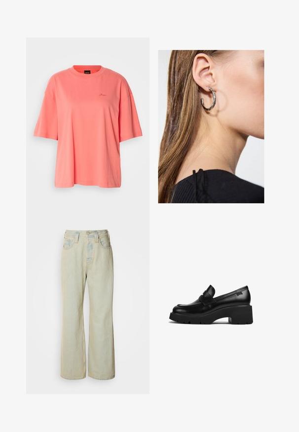 Camiseta de gran tamaño color coral, confeccionada en suave algodón, con un escote redondo y mangas cortas, y un discreto logo bordado en el pecho.; Vaqueros de pierna ancha de un azul claro, hechos de denim, con una cintura alta, cinco bolsillos y un ligero desvanecimiento con acentos de costura contrastante.; Mocasín de cuero negro con tacón grueso y suela gruesa, con un detalle de correa en la parte superior, mostrado de lado sobre un fondo blanco.; Pendiente de aro de plata con un acabado pulido, que presenta pequeños detalles en dorado y una forma redonda, llevado en el lóbulo.