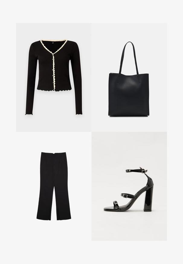 Schwarzer gerippter Cardigan mit langen Ärmeln, gewellten Kanten und einem cremefarbenen Saum entlang des Halsausschnitts und der Knopfleiste. Mit vorderen Knöpfen.; Schwarze Hose mit geradem Schnitt, ausgestattet mit Fronttaschen und Seitenschlitzen am Saum. Hergestellt aus weichem, glattem Stoff. Geeignet für verschiedene Anlässe.; Schwarze patentierte Sandalen mit Absatz, quadratischer Spitze, Knöchelriemen und silbernen Schnallen. Mit einem stabilen Blockabsatz für mehr Stabilität.; Schwarze Laptoptasche aus Leder mit glatter Textur, rechteckiger Form und zwei langen Griffen. Keine sichtbaren Beschläge oder Verzierungen.