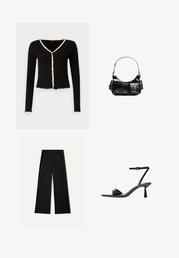 Schwarzer gerippter Cardigan mit langen Ärmeln, gewellten Kanten und einem cremefarbenen Saum entlang des Halsausschnitts und der Knopfleiste. Mit vorderen Knöpfen.; Bershka WIDE - Stoffhose - black; Bershka High Heel Sandalette - black; Schwarze Lackleder-Handtasche mit geschwungenem Design, einem Schulterriemen, Vordertaschen und silberfarbenen Hardware-Akzenten.