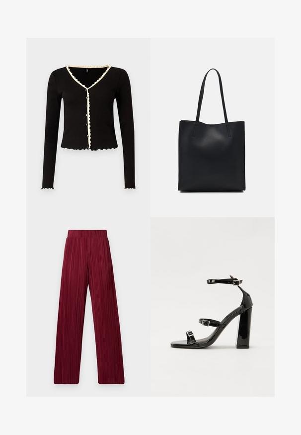 Melna ribota kardigāna ar garām piedurknēm, viļņotām malām un krēmkrāsas apdari ap kakla izgriezumu un pogu sliedi. Ar priekšējām pogām.; Bordo pleitoti plaša kāju bikses ar elastīgu jostu. Tekstūrēta auduma virsma ar vertikālām svītrām. Taisns griezums līdz apakšmalai.; Melnas lakotas augstpapēžu čības ar kvadrāta purngalu, potīšu siksniņām un sudraba sprādzēm. Aprīkotas ar masīvu bloku papēdi stabilitātei.; Melnas ādas somiņa ar gludu tekstūru, taisnstūra formu un divām garām rokturiem. Nav redzamu aparatūras vai rotājumu.