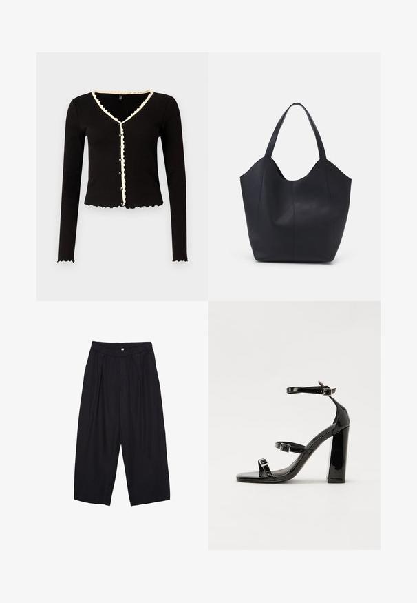 Mustahi ribbed cardigan mweusi yenye mikono mirefu, pembe za scalloped, na ukingo wa rangi ya cream kando ya shingo na sehemu za vifungo. Ina vifungo vya mbele.; Musta polyesterinen culotte-housut, jossa on joustava vyötärö, kaksi etupleettiä ja löysä siluetti. Ei näkyviä kuvioita tai metallisia yksityiskohtia.; Musta kiiltävä korkokenkä sandaalit neliönmuotoisella varpaalla, nilkkaremmillä ja hopeisilla soljilla. Varustettu tukevalla lohkokorkealla vakauden takaamiseksi.; Mustat kangaskassit, jotka on valmistettu sileästä nahasta, jossa on kaareva, avoin yläosa, kaksi olkahihnaa ja minimalistinen muotoilu.