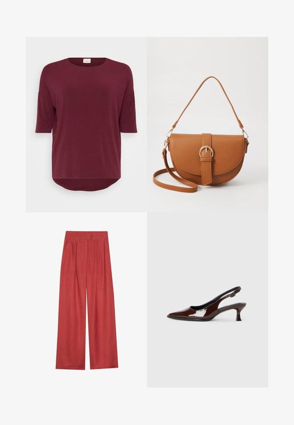 ONLY Carmakoma CARLAMOUR 3/4 - Hosszú ujjú felső - burgundy; Széles lábú nadrág gazdag terrakotta színben, texturált anyagból, elülső redőkkel és klasszikus derekkal.; Barna lakkbőr slingback cipő hegyes orral és mérsékelt sarkal. Biztonságos illeszkedést biztosító csattal rendelkezik. Sima textúra.; Barna bőr keresztbody táska ívelt formával, aranyszínű fémrészekkel és csat díszítéssel. Levehető vállpánttal rendelkezik.