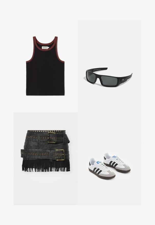 Thinking Mu HARRIET - Top - black; Černá sukně z umělé kůže s velkými kovovými sponami, detaily s dírkami a třásněmi na spodním lemu. Strukturovaný design s více pásky.; Sportovní boty s bílým koženým svrškem, šedou semišovou špičkou a třemi černými pruhy. Obsahují modré logo na jazyku a texturovanou gumovou podrážku.; Černé sluneční brýle s obdélníkovým rámem, tmavě šedými skly a hladkým plastovým povrchem. Výrazný logotyp na boku.; Tmavě zelená kožená kabelka s zakřiveným tvarem, zipovými kapsami a přední kapsou na klopu. Má stříbrné kovové doplňky a texturovaný povrch.