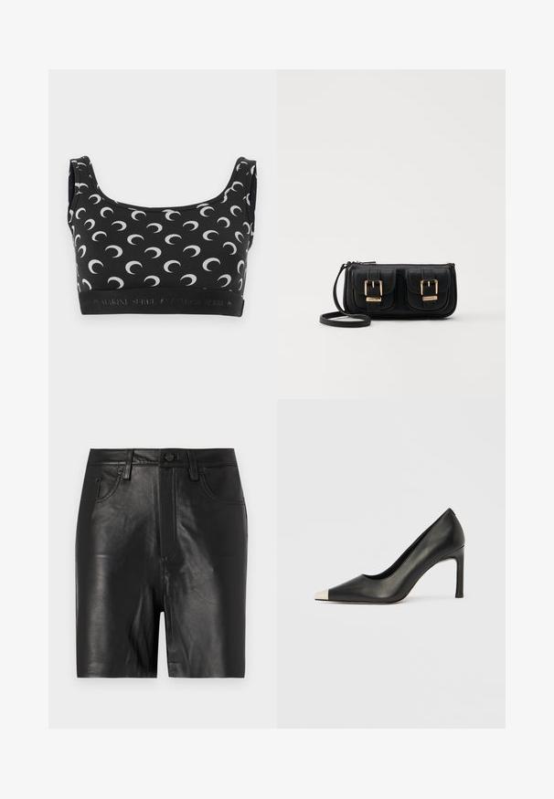 Juodas liemenukas su baltu pusmėnulio raštu, su apvaliu kaklu ir elastine juosta su logotipu. Lygus, tamprus audinys, sukurtas komfortui.; Juodi odiniai šortai su lygiu paviršiumi, su priekiu užtraukiama užtrauktuku, mygtuko uždarymu ir klasikiniu penkių kišenių dizainu.; Juodas odinis aukštakulnis batelis su smailia nosimi ir metaliniu sidabriniu galiuku. Turi lygų paviršių ir ploną 10 cm kulną.; Juodas odinis per petį nešiojamas krepšys su dviem priekiniais kišenėmis, auksiniais sagtimis, užtrauktuko uždarymu ir siauromis petnešomis. Textūruota paviršius ir kompaktiškas stačiakampis formatas.