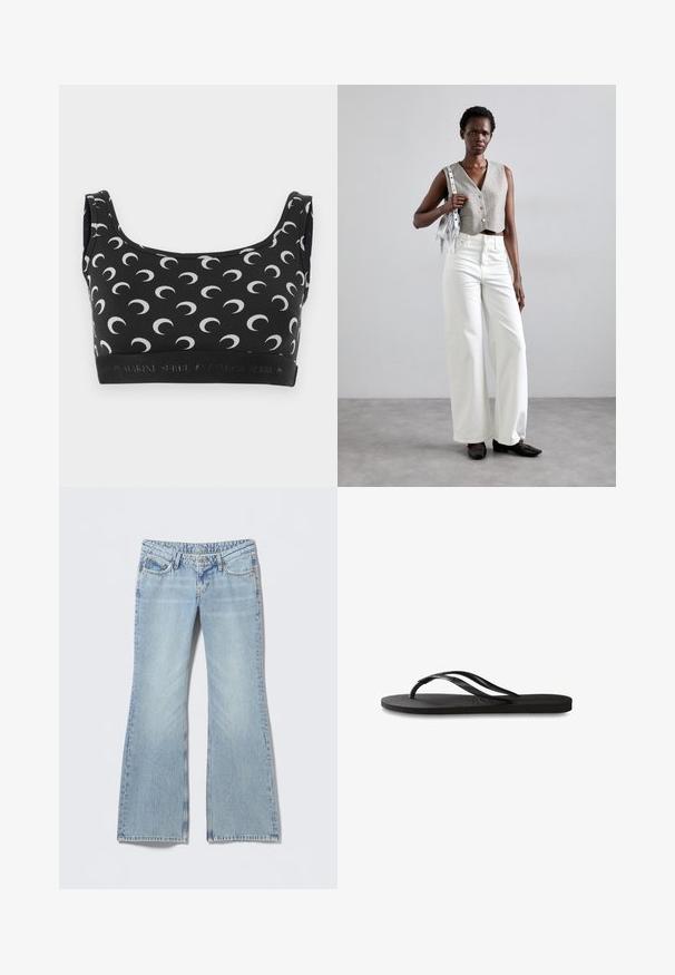 Svart BH med mönster av vita halvmånar, rundad halsringning och elastisk band med logotyp. Slät, stretchig material designad för komfort.; Ljusblå utsvängda jeans med en blekt finish, femficksdesign och kontrasterande sömmar. Bomullsdenim med en slät textur.; Svart flip-flop med en texturerad gummisula, två slanka remmar och en subtil, präglad logodetalj på remmen.; Grå kortärmad väst med knappar, kombinerad med vita vida jeans och svarta platta skor. Accessoarer med en liten silverfärgad fransväska.