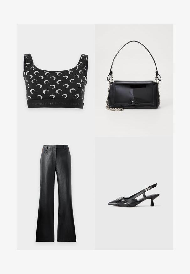 Black bra with white crescent moon pattern, scoop neckline, and elastic band featuring logo. Smooth, stretchy material designed for comfort.; Black leather flared pants with a smooth texture, featuring two front pockets with black and brown accents near the waist.; Black leather slingback shoe with a pointed toe, decorative straps featuring metal eyelets, and a low block heel. Textured surface.; Black patent leather handbag with a rectangular shape, chain strap, and a distinctive hardware accent in the center. Smooth texture.