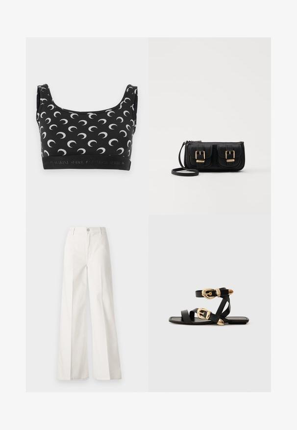 Fekete melltartó fehér félhold mintával, kerek nyakkal és logós, elasztikus szalaggal. Simogató, rugalmas anyag, mely a kényelmet szolgálja.; Fehér, bővebb nadrág, amely pamutból készült, sima textúrával. Elöl gombbal, cipzáras záródással és négy zsebes kialakítással rendelkezik.; Fekete bőr szandál arany csattal, több hevederrel és lapos talpú dizájnnal, nyitott lábujjú viselethez.; Fekete bőr keresztbody táska két elülső zsebbel, arany csattokkal, cipzáras záródással és vékony pánttal. Textúrált felület és kompakt téglalap alak.