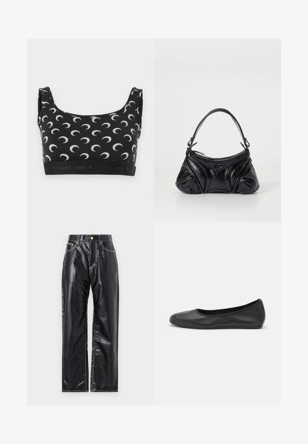 Mustmust mustriga valge kuu poole mustri, ümar kaelus ja logo sisaldav elastne riba. Sile ja veniv materjal tagab mugavuse.; Mustad kunstnahk püksid laia sääre lõikega, valgete õmblustega, esi-taskutega ning kuldse nupuga vöökoha juures.; Musthave mustika tantsutossud mustast nahast, ümmarguse varbaga, siledast tekstuurist, minimaalse õmblusdetailiga ja paindliku tallakujundusega.; Musta kott, mis on valmistatud tekstureeritud nahast ja omab ümarat kuju. Sellel on õhuke õlarihm ja dekoratiivsed reljeefmustrit.