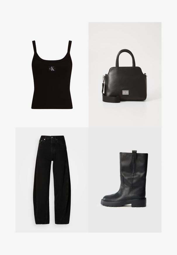 Calvin Klein Jeans Top - black; Pantaloni largi din denim negru, cu talie înaltă, care prezintă o închidere cu nasturi, cinci buzunare și detalii de coasere minime.; Cizme din piele neagră, până la genunchi, cu un design elegant, având o talpă groasă și un mâner lateral pentru o purtare ușoară. Accente notabile de cusătură.; Geantă sintetică neagră cu mânere superioare, curea de umăr detașabilă, formă rotundă, textură netedă și accent cu logo argintiu pe față.