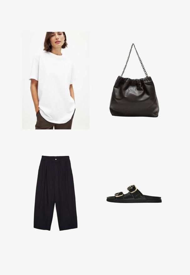 Weißes Baumwoll-T-Shirt mit Rundhalsausschnitt, kurzen Ärmeln und lockerer Passform. Verfügt über eine glatte Textur und abgerundeten Saum.; Schwarze Polyester-Culotte mit einem elastischen Bund, zwei vorderen Falten und einer lockeren Silhouette. Keine sichtbaren Muster oder Hardware-Details.; Schwarze Riemensandale mit zwei goldenen Schnallendetails, glattem Material, flachem Sohlen und minimalistischer Gestaltung.; Braune Lederhandtasche mit gerafftem Oberteil und Kettenriemen. Glatte Textur mit glänzendem Finish und subtilen Nahtdetails an den Seiten.