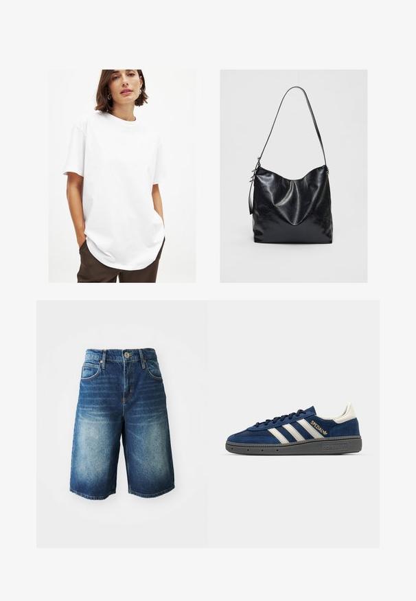 Biela bavlnená tričko s okrúhlym výstrihom, krátkymi rukávmi a voľným strihom. Má hladkú textúru a zaoblený lem.; BDG Urban Outfitters Denimové šortky - light vintage; Námornícke semišové tenisky s bielymi pruhmi, zlatým detailom "Spezial", šedou textúrovanou podrážkou, zaoblenou špičkou a zladenými šnúrkami. Klasický dizajn.; Čierna kožená taška cez plece s mäkkým, textúrovaným povrchom. Má zakrivený dizajn a jeden nastaviteľný popruh. Žiadny ďalší kovový prvok.