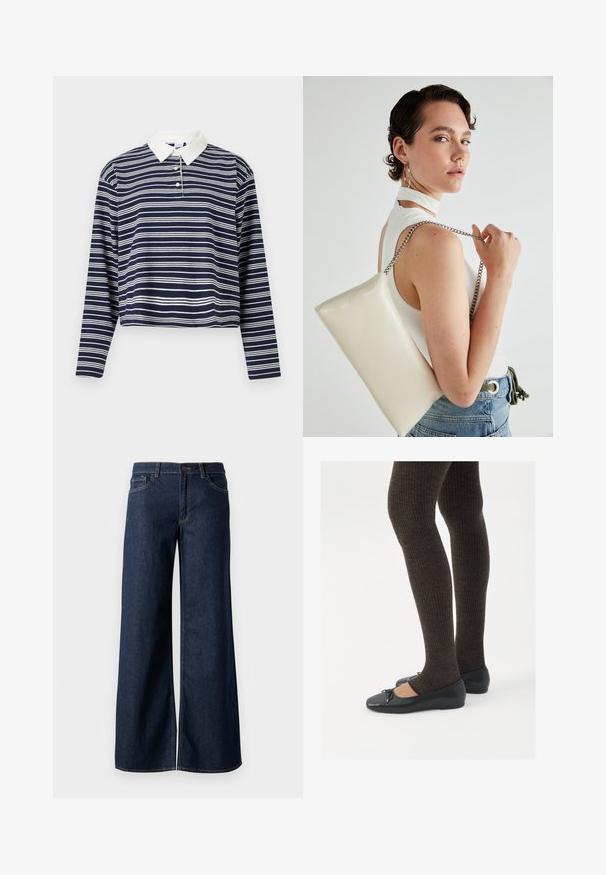 Mörkblå och vit randig långärmad polo med vit krage och treknappars placket, kortad design och mjuk textur.; Breda jeans i mörkblå denim. Har kontrastsömmar, fem fickor och en knappstängning vid midjan. Slät textur.; Svarta platta skor med en liten rosett vid tån, i kombination med mörkbruna ribbade strumpbyxor. Skorna har en slät yta och låg profil.; Vitt rektangulärt clutch-väsk i glänsande material, med en kedjesnor i silver. Modellen poserar och visar upp väskan mot en neutral bakgrund.