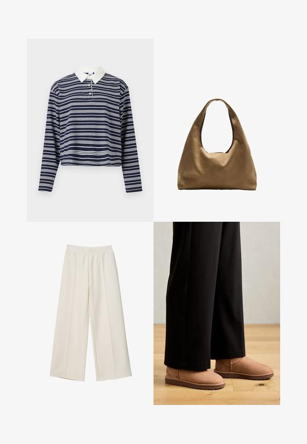 Námořnicko-modré a bílé pruhované polo tričko s dlouhým rukávem, bílým límečkem a knoflíkovou légou na tři knoflíky, zkrácený střih a měkká textura.; Bílé kalhoty širokého střihu s elastickým pasem a předním švem, vyrobené z hladké tkaniny.; Hnědé semišové kotníkové boty s plochou gumovou podrážkou, kulatou špičkou a minimálním prošíváním, nošené s černými širokými kalhotami na dřevěné podlaze.; Hnědá textilní taška přes rameno s širokým, zaobleným tvarem a velkým výřezem na rukojeť. Měkká textura, minimalistický design a žádné viditelné kovové prvky.