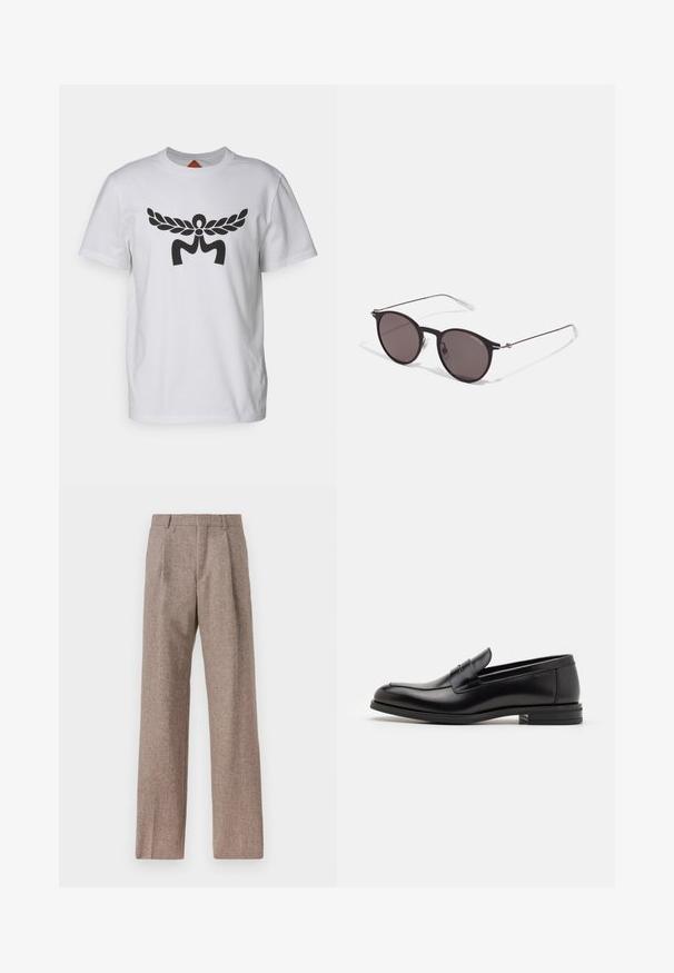 Witte katoenen t-shirt met een groot zwart grafisch ontwerp in het midden dat lijkt op vleugels en een gestileerde letter "M." Korte mouwen, ronde hals.; Bruine, hooggewaisted broeken van een gestructureerde stof. Heeft wijde benen en twee voorplooien voor extra structuur. Net afgewerkt zonder zichtbare hardware.; Zwarte leren instappers met een gladde textuur, ronde neus en een decoratieve band over de wreef. Lage, gestapelde hak en minimalistisch ontwerp.; Zwarte ronde zonnebril met donkere lenzen en slanke metalen armen. Inclusief heldere tempelpunten en zilveren accenten bij de scharnier. Minimalistisch ontwerp.
