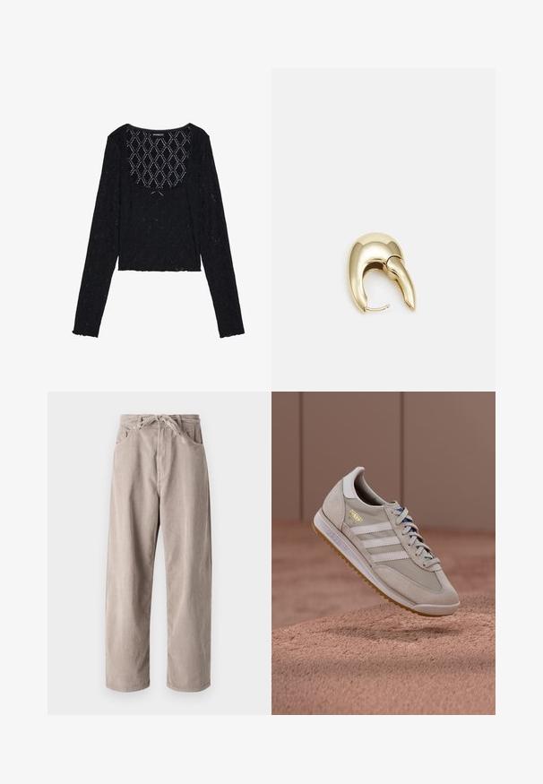 Black long-sleeve cropped top made from textured lace with a diamond pattern and a scoop neckline. Features frilled edges.; Beige corduroy trousers with a loose fit, featuring a drawstring waist, two front pockets, and vertical ribbed texture.; Beige sneakers with suede and mesh upper, white three stripes, gum rubber sole, blue laces, and golden accent logo. Classic retro design.; Gold-tone metal earring with a sleek, curved design. Features a distinctive pointed shape, polished surface, and hinge closure.