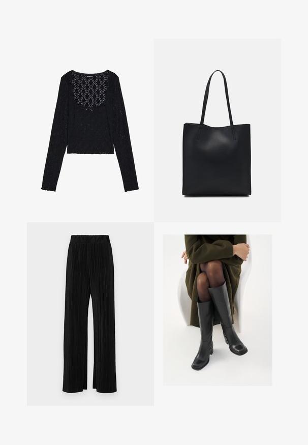 Black long-sleeve cropped top made from textured lace with a diamond pattern and a scoop neckline. Features frilled edges.; Black pleated trousers with an elastic waistband. Features wide legs and a smooth, textured fabric with vertical stripes.; Knee-high black leather boots with a squared toe and block heel, shown with a model seated in an olive green coat. Smooth texture, minimal detailing.; Black leather tote bag with smooth texture, rectangular shape, and two long handles. No visible hardware or embellishments.