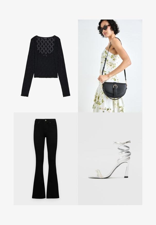 Schwarzes, langärmeliges, gekürztes Oberteil aus strukturiertem Spitzenstoff mit einem Diamantmuster und einem Rundhalsausschnitt. Hat fransige Kanten.; Schwarze hochtaillierte Jeans mit einem Knopf- und Reißverschluss, Fronttaschen und ausgestellten Beinen, flach auf einem weißen Hintergrund ausgelegt.; Silberne High-Heel-Sandale mit einem glänzenden Riemen-Design, das einen perlenähnlichen Akzent und einen spiralförmigen Knöchelriemen für einen sicheren Sitz bietet.; Schwarze Lederhandtasche mit geschwungener Form, abnehmbarem Tragegurt und goldenen Beschlägen. Die Tasche verfügt über einen Deckel mit einer Schnallen-Details.