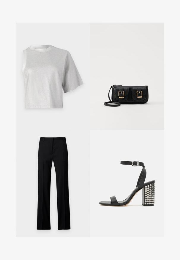Silver cropped t-shirt with short sleeves, featuring a shiny, smooth texture and a round neckline. One sleeve is asymmetrical.; Black straight-leg trousers in smooth fabric, featuring a flat front, belt loops, and no visible pockets or embellishments.; Black leather heeled sandals with an ankle strap. Features a square toe, smooth texture, and square block heel adorned with silver studs.; Black leather crossbody bag with two front pockets, gold buckles, zipper closure, and a slim strap. Textured surface and compact rectangular shape.