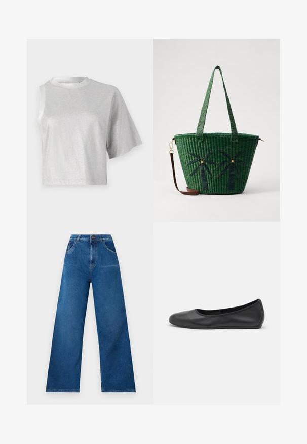 Sudrabaina īsā T-kreklu ar īsām piedurknēm, ar mirdzošu, gludu struktūru un apaļu kakla izgriezumu. Viena piedurkne ir asimetriska.; Lielās kāju džinsi tumši zilos denimos ar augsto jostasvietu, ar priekšējām un aizmugurējām kabatām, kā arī kontrastējošām dūriena detaļām.; Melna ādas baleta kurpe ar noapaļotu purngalu, gludu tekstūru, minimālu šuvju detalizāciju un elastīgu zoles dizainu.; Zaļš austs iepirkuma maisiņš ar palmu koku dizainiem tumšā zaļā krāsā; ar divām rokturiem un noņemamu brūnu ādas siksnu.