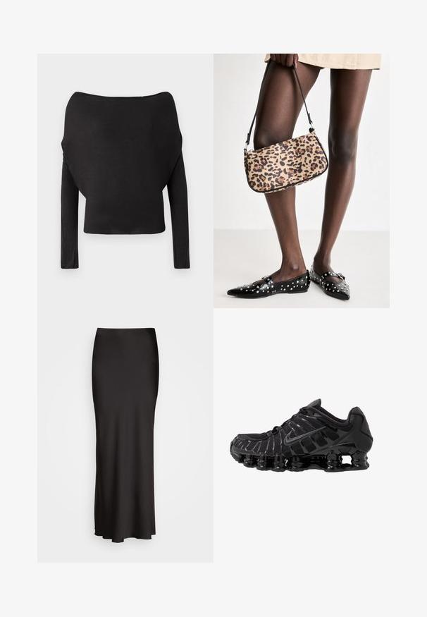 Črn dolg rokav s širokim izrezom brez naramnic, ki se ponaša z gladko, prilegajočo se teksturo in skrajšano silhueto.; Črna, dolga satenska krila z gladko teksturo, prilegajoč pas in A-linijo, brez vidnih okraskov ali vzorcev.; Črne atletske čevlje z mrežasto zgornjico in sijočimi detajli. Imajo ukrivljeno podložitev iz vzmeti in teksturirane linije na strani. Logotip Nike je viden.; Torba z leopardjim vzorcem in črnim trakom, ki ima pravokotno obliko in gladko teksturo. Torba je postavljena ob črne balerinke s studenci.