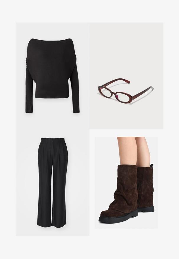 Schwarzes Langarmoberteil mit weitem, schulterfreiem Ausschnitt, das eine glatte, enganliegende Textur und eine verkürzte Silhouette aufweist.; Schwarze weit geschnittene Hose mit hohem Bund, ausgestattet mit Falten, aus einem glatten, strukturierten Stoff gefertigt, mit geradem Schnitt am Saum.; Braune Wildleder-Stiefel bis zur Wade mit schwarzen Gummisohlen, die an nackten Beinen getragen werden und leichte Faltenbildung an den Schafthaltern aufweisen.; Ovale rote Sonnenbrillen mit klaren Gläsern und schlanken braunen Fassungen. Das Design weist sanfte Kurven und minimalen Hardwareeinsatz auf.