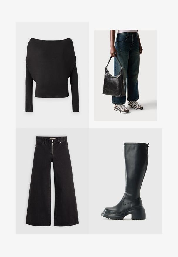 Musta pitkähihaine paita, jossa on leveä olkaimia jättävä kaula-aukko, tasainen, vartalonmyötäinen tekstuuri ja lyhyt malli.; Mustat leveälahkeiset farkut, joissa on vetoketjufrunti, viisi-taskuinen muotoilu ja hienovaraiset ompelusyyt. Sileä pinta ja rento tyyli.; Korkeat mustat nahkakengät, joissa on paksu pohja ja lohkare korko, varustettuna vetonauhalla ja tekstuurilla ulkopohjassa.; Musta nahkainen olkalaukku, jossa on sileä pinta ja säädettävä hihna, yhdistettynä haalistuneisiin leveälahkeisiin farkkuihin ja urheilukenkien kanssa.