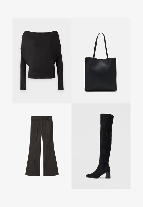 Top negro de manga larga con un amplio escote Bardot, que presenta una textura lisa y ajustada con un corte cropped.; Pantalones de campana negros con cintura alta; cuentan con dos bolsillos frontales y una textura de tela suave. Adecuados para diversas ocasiones.; Bota de ante negra hasta la rodilla con tacón cuadrado, puntera afilada y diseño liso y sin costuras sobre un fondo claro.; Bolso tote de cuero negro con textura lisa, forma rectangular y dos asas largas. Sin herrajes ni adornos visibles.