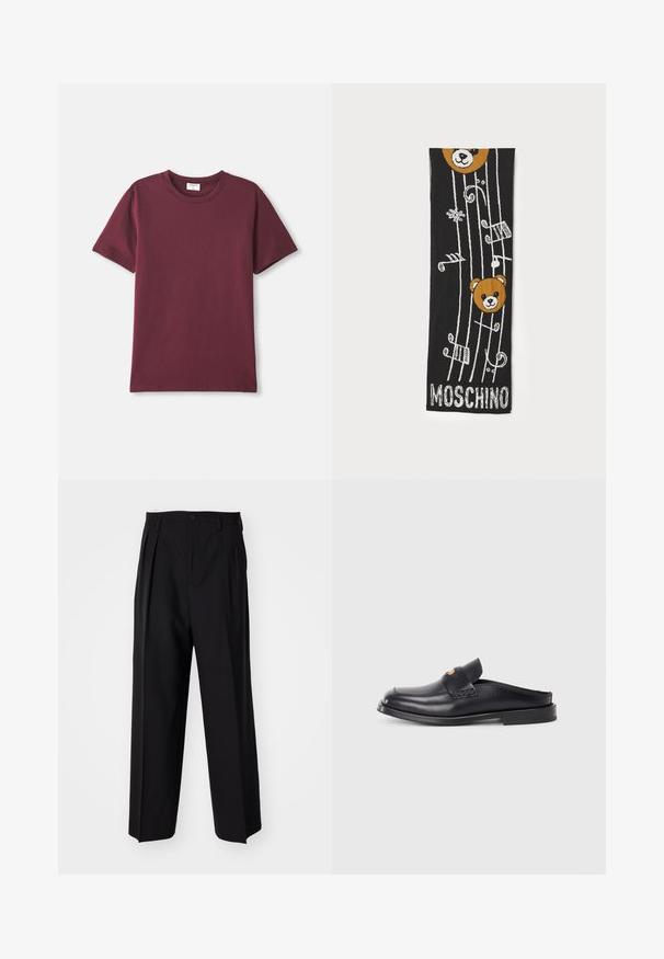 Tricou din bumbac burgundy, cu guler rotund, mâneci scurte și o croială lejeră. Textură netedă și design minimalist.; Pantaloni negri plisat cu un design drept și pantaloni largi. Construiți dintr-un material neted, prevăzuți cu închidere cu nasture și bucle pentru curea.; Pantofii negri din piele, slip-on, cu bot rotund, toc mic și un detaliu de design țesut pe partea superioară. Prezintă un stil minimalist și o textură netedă.; Șal negru tricotat, cu două capete de urs maro, note muzicale și textul "MOSCHINO" în alb în partea de jos. Textură moale cu un design detaliat.