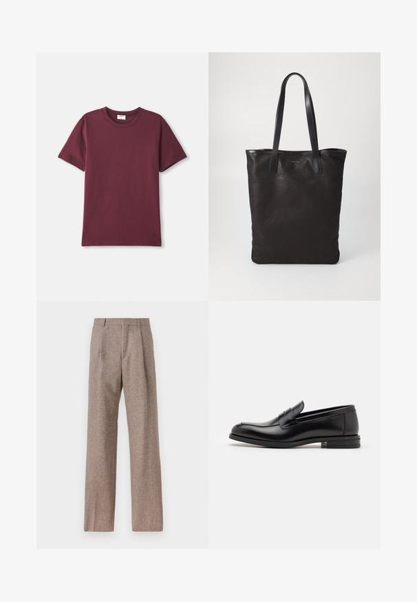 Burgundi värvi puuvillane T-särk ümmarguse kaelusega, lühikeste varrukatega ja vabalt jaotuva lõikega. Sile tekstuur ja minimalistlik disain.; Prunnid, kõrge vöökohaga püksid, mis on valmistatud tekstureeritud kangast. Omavad laiu jalgu ja kahte eesmist voldikut struktuuri jaoks. Korralik viimistlus, ilma nähtava riistvarata.; Mustad mustad nahast loafers sileda tekstuuriga, ümarat ninaosa ja dekoratiivne riba vampi üle. Madal kihiline konts, minimalistlik disain.; Mustmust kott mustade nahkade käepidemetega. Lihtne disain, avar keha ja sile tekstuur. Pole nähtavaid logosid ega mustreid.