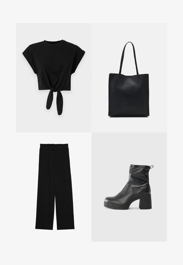Camiseta preta cropped feita de algodão macio, com mangas curtas e detalhe de nó na barra. Textura simples e suave.; Calças largas pretas com um cinto franzido, apresentando dois bolsos laterais e um tecido suave e leve. Sem padrões ou ferragens visíveis.; Botas de tornozelo pretas feitas de couro liso, com fecho lateral, salto grosso texturizado e design de bico arredondado.; Bolsa tote preta em couro com textura lisa, forma retangular e duas alças longas. Sem hardware ou enfeites visíveis.