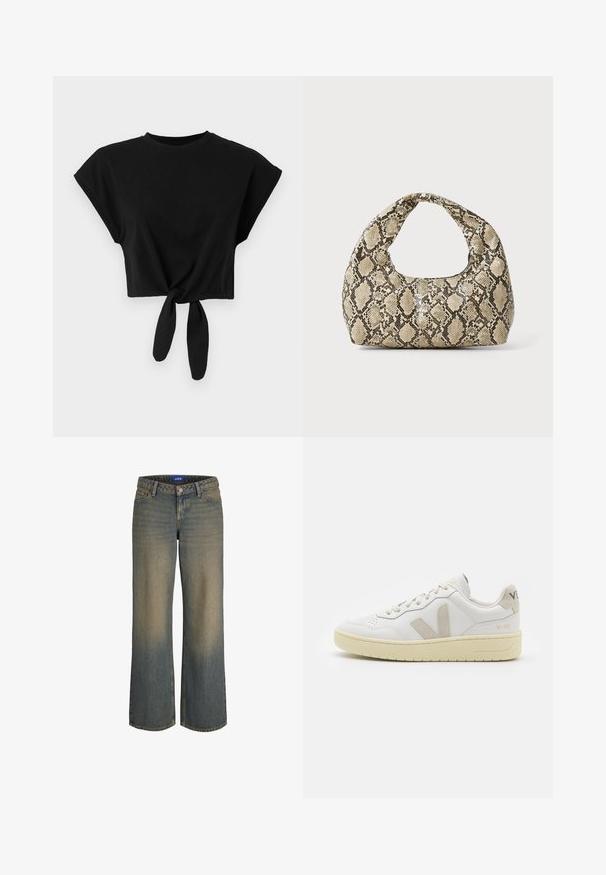 Must have mustikasärgid, mis on valmistatud pehmest puuvillast, lühikeste varrukatega ja alumises servas sõlmenuhuga. Lihtne ja sile tekstuur.; Laiad sinised denim püksid, millel on heledast tumedani gradient, viie tasku disain ja nööpidega sulgemine. Õmblustähtsused servadel.; Valge nahast tenniseking, millel on beežist siidist aktsent ja aukudega varvas, lame paelad ja tekstureeritud koorevärvi tallad. Omab nüansirikast brändimist kannal.; Musta käärmeprindiga kott kõveraga käepidemega. Valmistatud tekstiilsetest, beežidest ja pruunidest materjalidest, millel on iseloomulik rombikujuline muster.