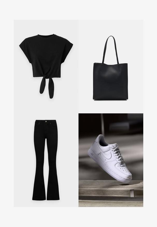 Černé zkrácené tričko vyrobené z měkké bavlny, s krátkými rukávy a uzlovým detailem na lemu. Jednoduchá a jemná textura.; Černé vysoké džíny s knoflíkem a zipovým zapínáním, předními kapsami a rozšířenými nohavicemi, ležící na bílé podložce.; Bílá teniska Nike Air Force 1 levitující nad betonovým povrchem s odstíny ve minimalistickém prostředí.; Černá kožená taška přes rameno s hladkým povrchem, obdélníkovým tvarem a dvěma dlouhými uchy. Žádné viditelné kování ani ozdoby.